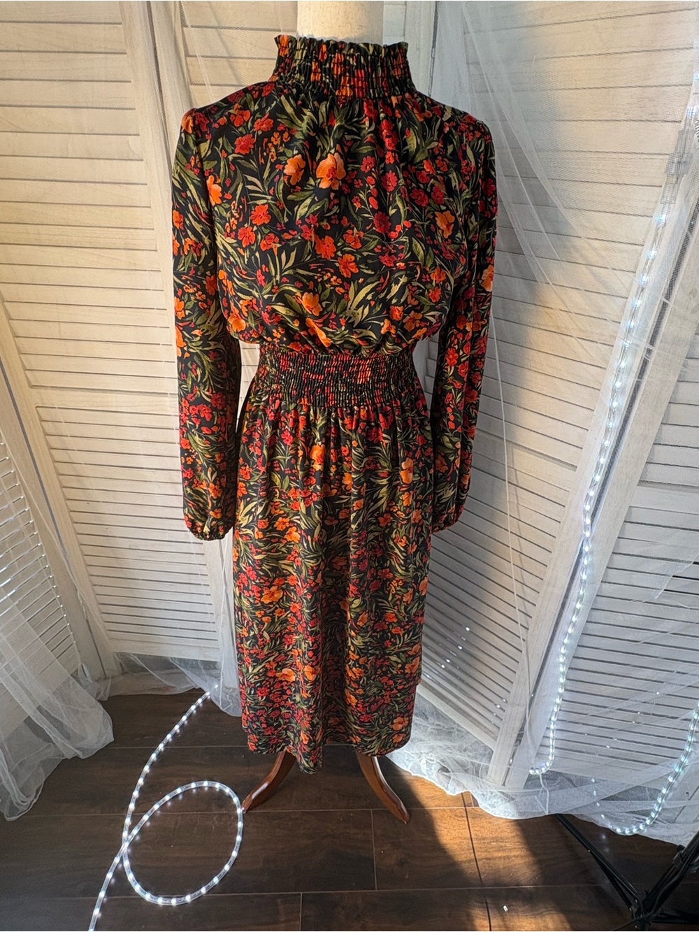First Love Black Floral Smocked Midi Dress with Red & Orange Flowers